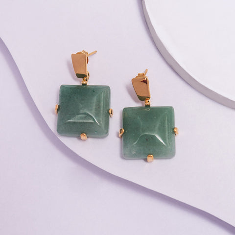 Dangle Earrings in Yellow Gold Filled with Square Green Gemstone