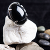 White Gold Filled Ring for Women with Big Black Onyx Stone, Bohemian Jewelry