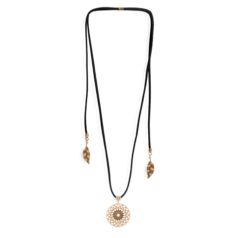 Dreamcatcher Necklace in 14k Aged Yellow Gold and Black Leather