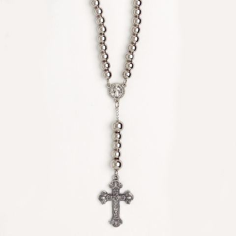 St Benedict Rosary Prayer Silver Beads with Cross Pendant