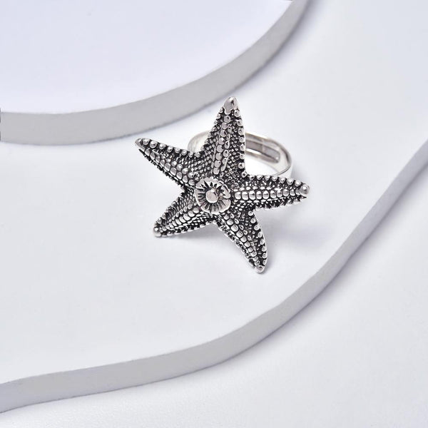 Starfish Ring, Aged White Gold Plated Ring, Nautical Ring, Adjustable Ring