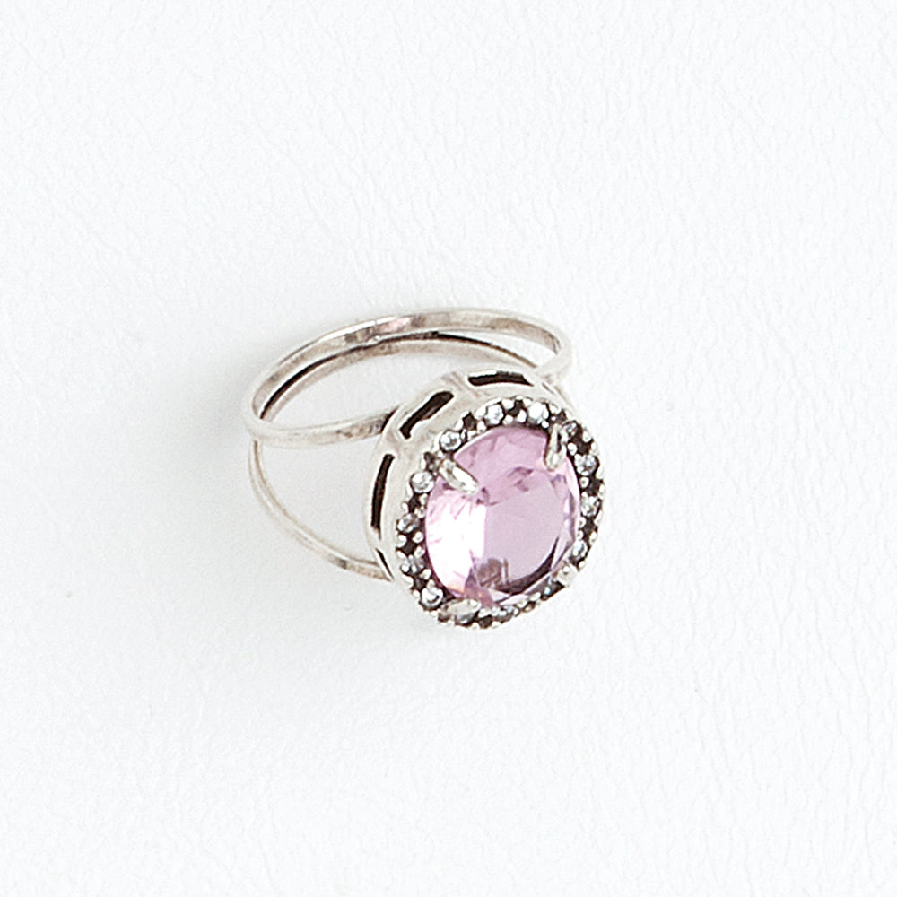 Rose Solitaire Ring, Aged White Gold Filled Ring, Oval Cubic Zirconia Gemstone