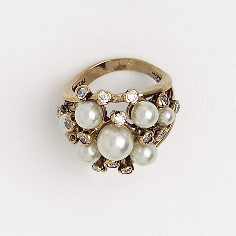 Multistone and Perals Ring, Aged Yellow Gold Filled Ring, Cubic Zirconia and Pearl