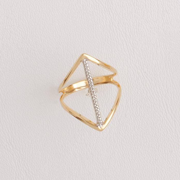 14k Yellow Gold Filled Ring for Women with Silver Enamel, Casual Geometric Band