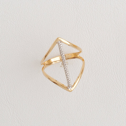 14k Yellow Gold Filled Ring for Women with Silver Enamel, Casual Geometric Band