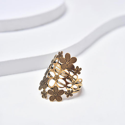 Open Flowers Ring, Antique Gold Plated Ring, Vintage Style