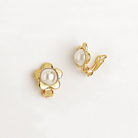 Flower Clip Earrings for Women and Girls in Yellow Gold Filled with Pearl