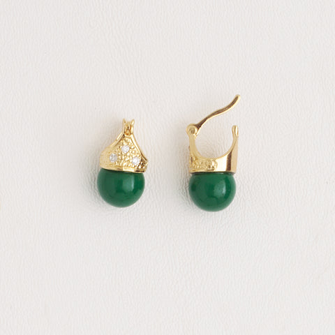 Green Leverback Earrings in Yellow Gold Filled and Agate Stone with Cubic Zirconia