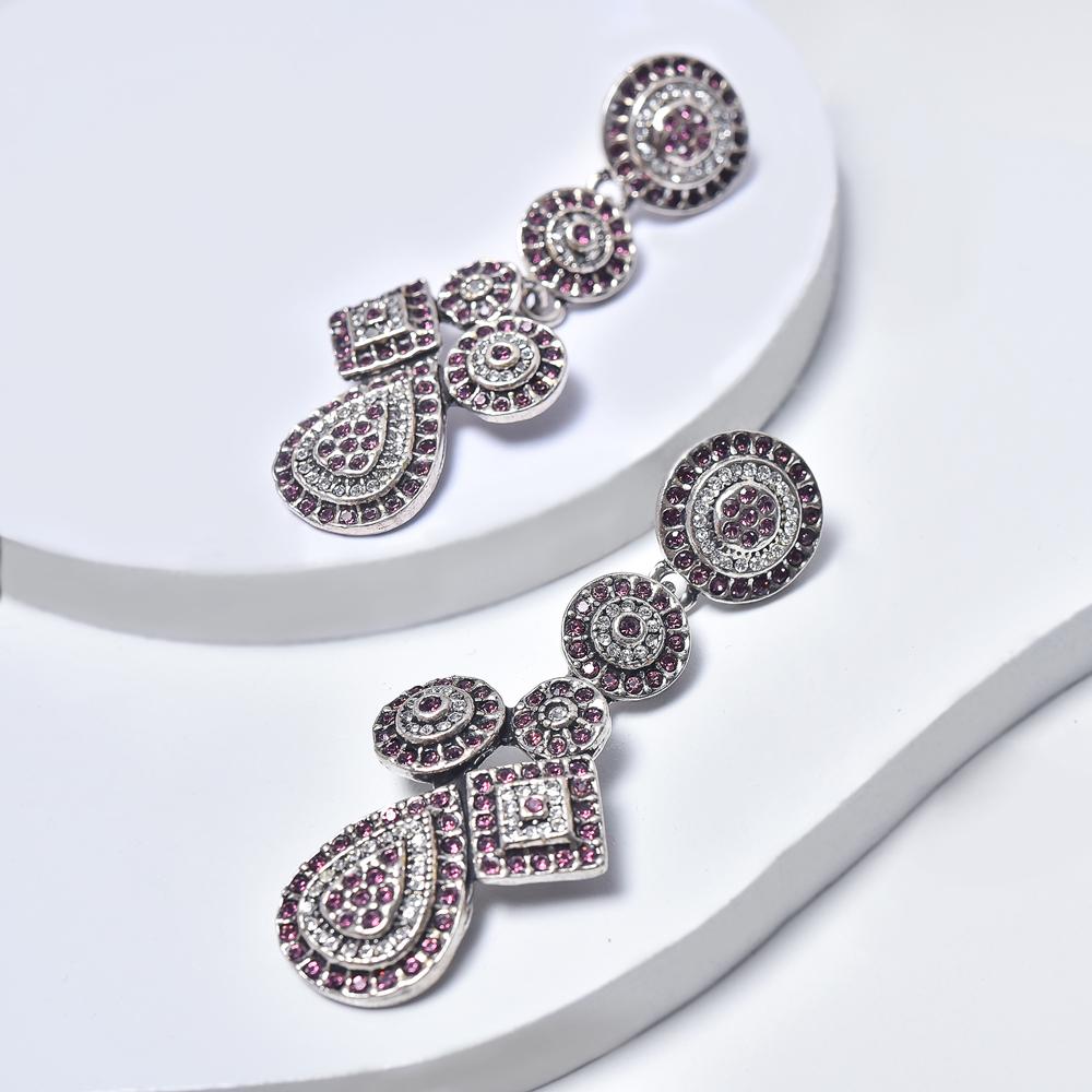 Statement Earrings in Aged White Gold Filled with Violet & Clear Gemstones
