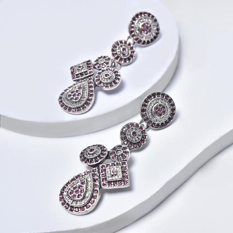 Statement Earrings in Aged White Gold Filled with Violet & Clear Gemstones