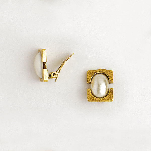 Clip Earrings in Aged Yellow Gold Filled & Pearl