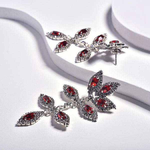 Red Earrings in Aged White Gold Filled with Cubic Zirconia Gemstones