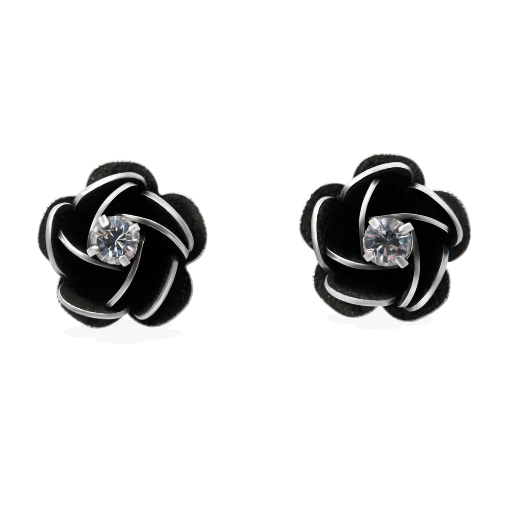 Rose Stud Earrings for Women with Round Cubic Zirconia in White Gold