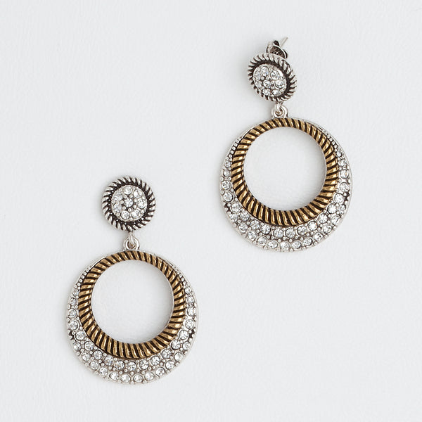 Circle Earrings, Aged Yellow and White Gold Filled Earrings, Cubic Zirconia Gemstones