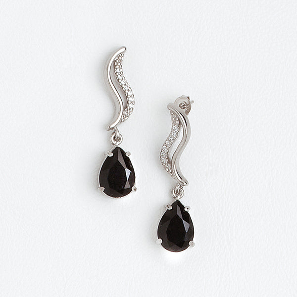 Black Dangle Earrings in Aged White Gold Filled with Zircon Gemstones