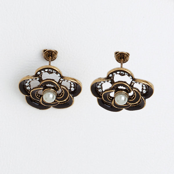 Roses Earrings in Aged Yellow Gold Filled with Black Enamel, Gemstones & Pearls