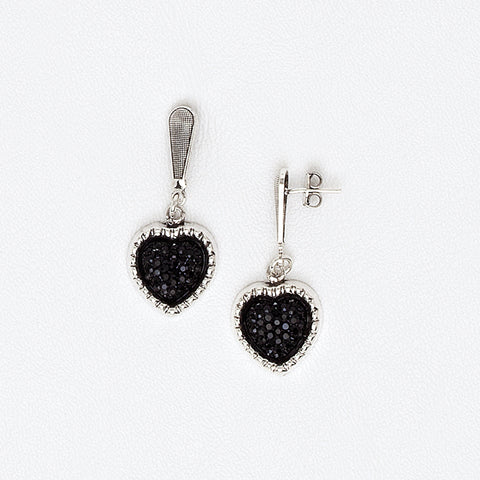 Hearts Earrings for Women in White Gold Filled and Black Druzy