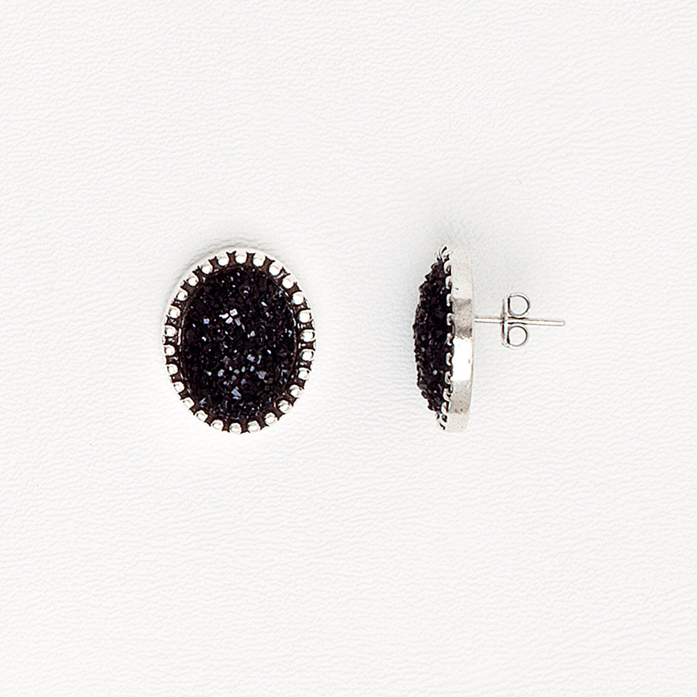Black Stud Earrings for Women in Aged White Gold Filled and Druzy Gemstone