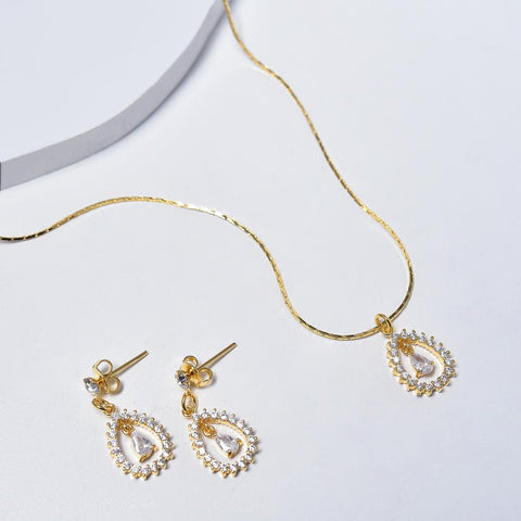 Drop Necklace & Earrings in Yellow Gold Filled with Cubic Zirconia Gemstones