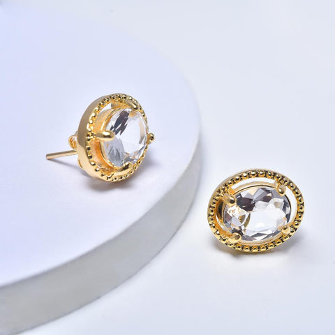Oval Stud Earrings for Women in Yellow Gold Filled with White Cubic Zirconia