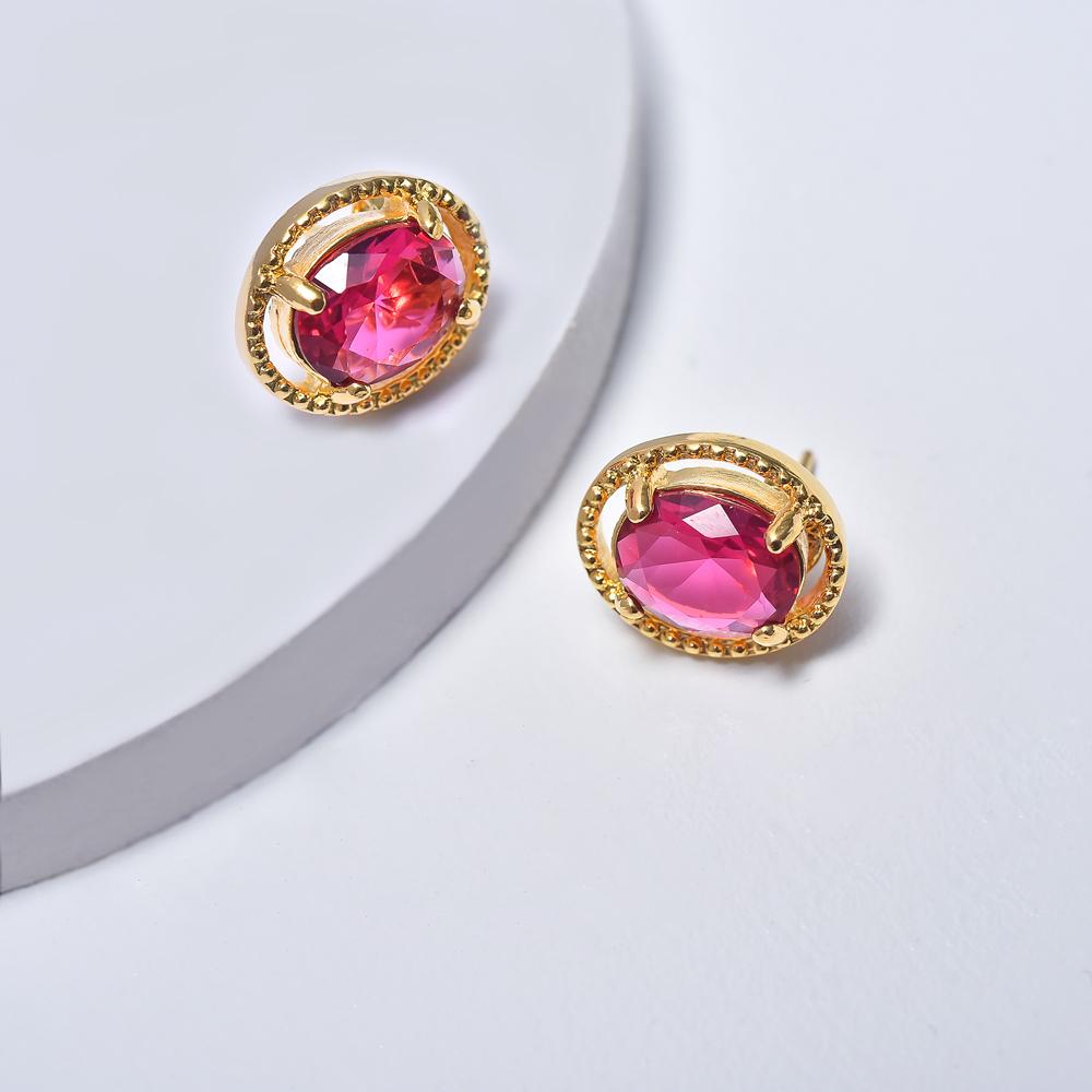 Oval Earrings in Yellow Gold Filled with Fuchsia Cubic Zirconia