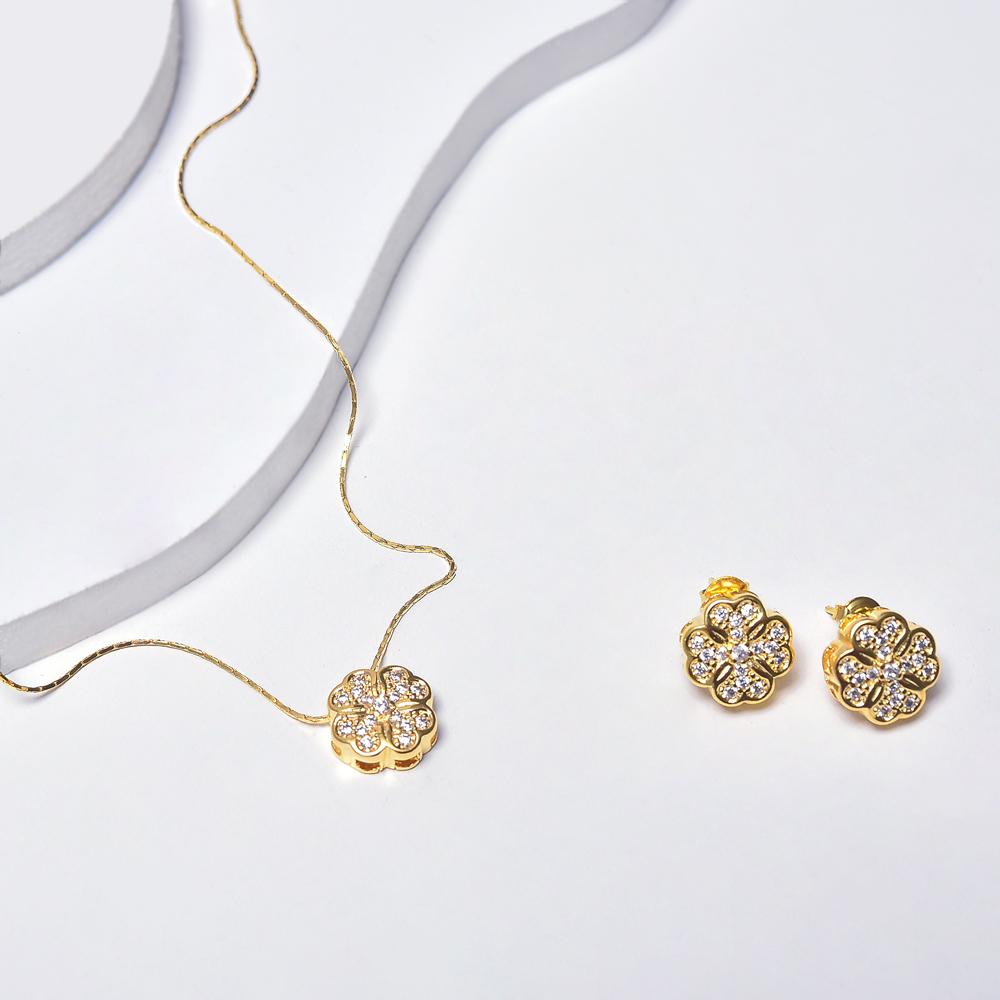 Flower Earrings & Necklace in Yellow Gold Filled with Gemstones