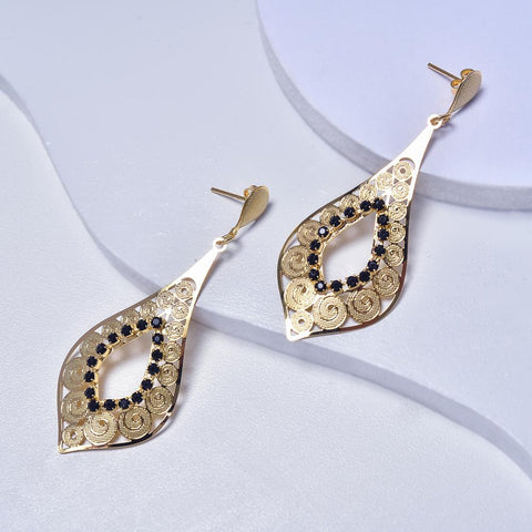 Dangle Earrings in Yellow Gold Filled with Black Cubic Zirconia Gemtones