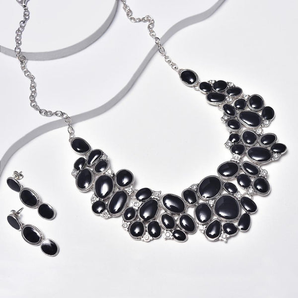 Statement Necklace & Dangle Earrings in Aged White Gold Filled with Clear Gemstones & Black Enamel