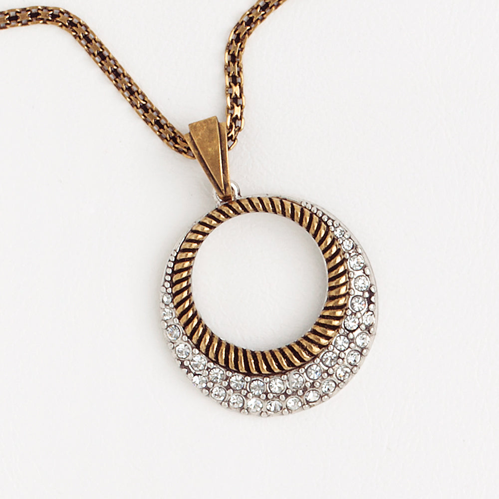 Circle Necklace, Aged Yellow  and White Gold Filled Pendant, Cubic Zirconia Gemstones