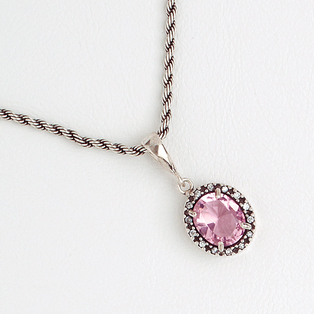 Rose Oval Necklace, Aged White Gold Filled Necklace, Cubic Zirconia Gemstones