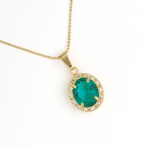 Green Oval Pendant in Yellow Gold Filled with Cubic Zirconia Gemstones