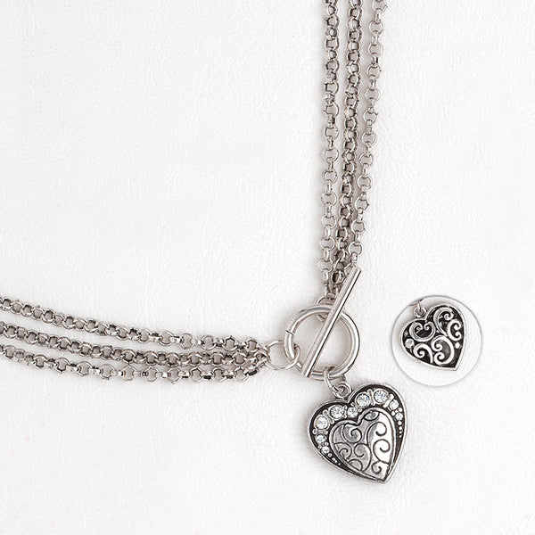 Necklace in Silver Color Heart Pendant with Gemstones