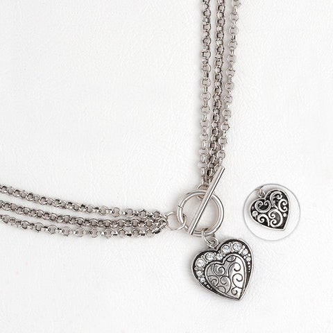 Necklace in Silver Color Heart Pendant with Gemstones