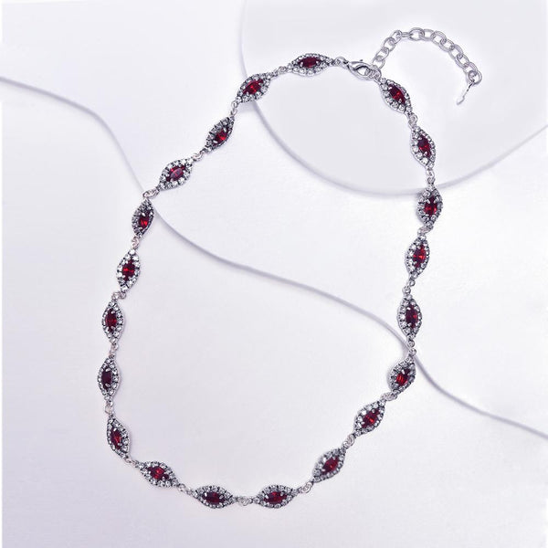 Red Necklace in Aged White Gold Filled with Cubic Zirconia Gemstones