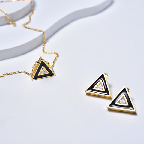 Triangle Necklace & Earrings in Yellow Gold Filled & Black Enamel