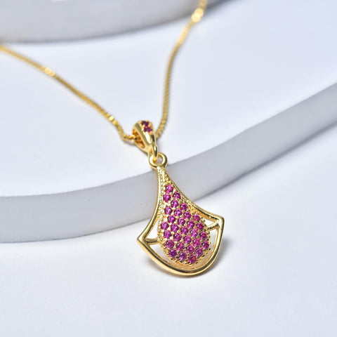 Drop Necklace in Yellow Gold Filled with Pink Cubic Zirconia Gemstones