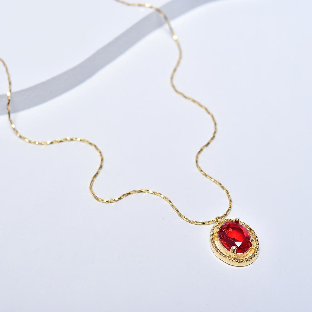 Red Necklace, Yellow Gold Plated Necklace, Classic Necklace, Cubic Zirconia Gemstone, Red Gemstone Pendant, Red Pendant