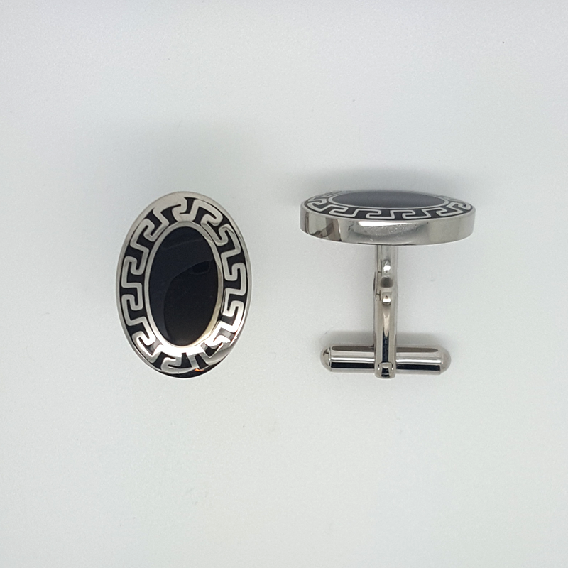 Oval Cufflinks in Stainless Steel & Black Enamel with Greek Key