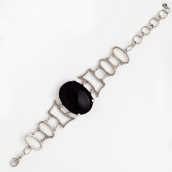 White Gold Filled Bracelet for Women with Black Agate Stone, Bohemian Jewelry
