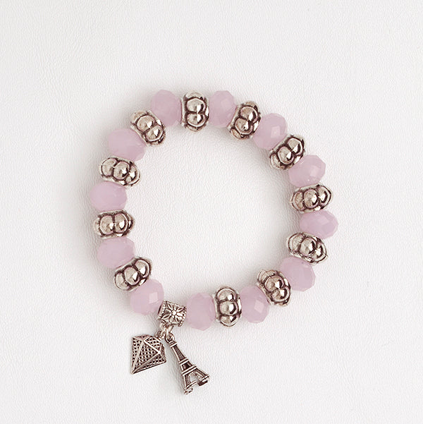 Elastic Bracelet in Rose Quartz Beads with Diamond & Eiffel Tower Pendants