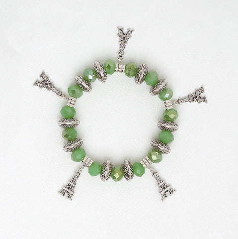 Elastic Bracelet in Green Zircon Beads with Eiffel Tower Pendants