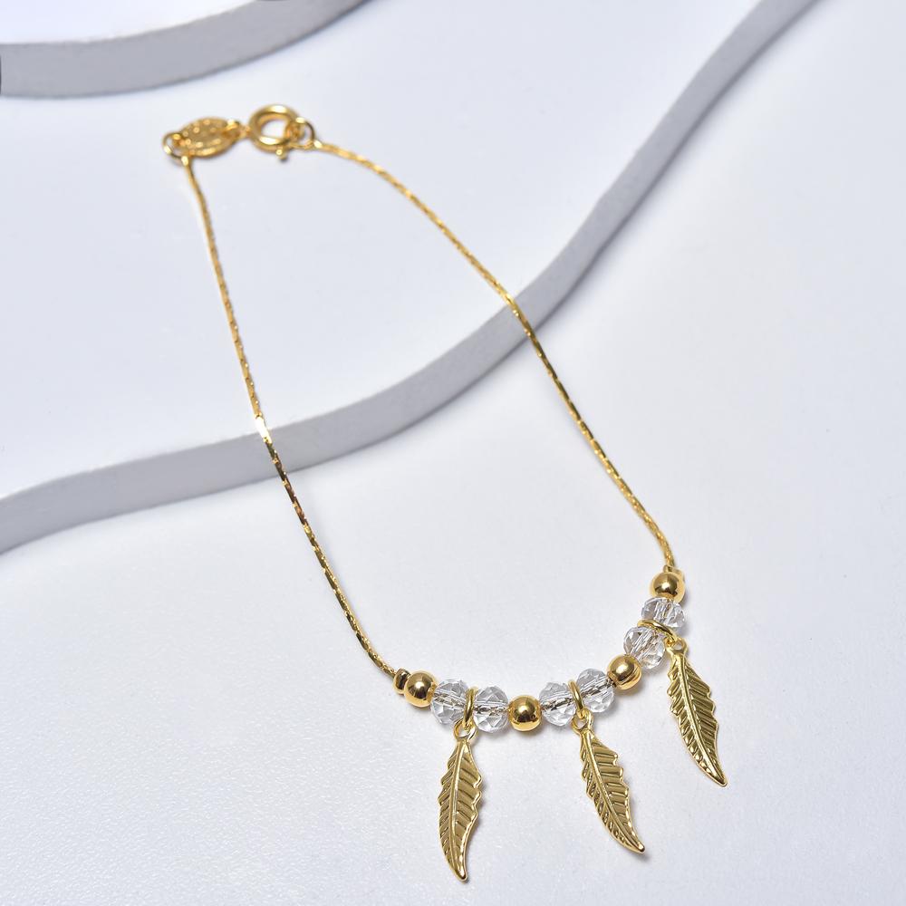 14k Yellow Gold Bracelet for Women with Feathers Pendants and Beads