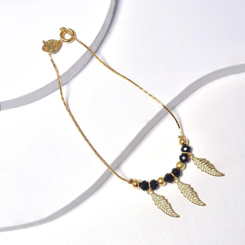 Feathers Bracelet for Women in Yellow Gold Filled with Black Cubic Zirconia Beads